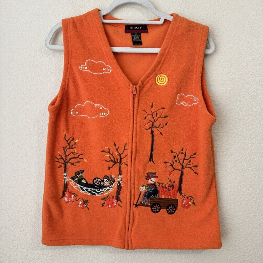 Vintage Kikit Vest Womens Size Medium Harvest Scarecrow Pumpkins Orange